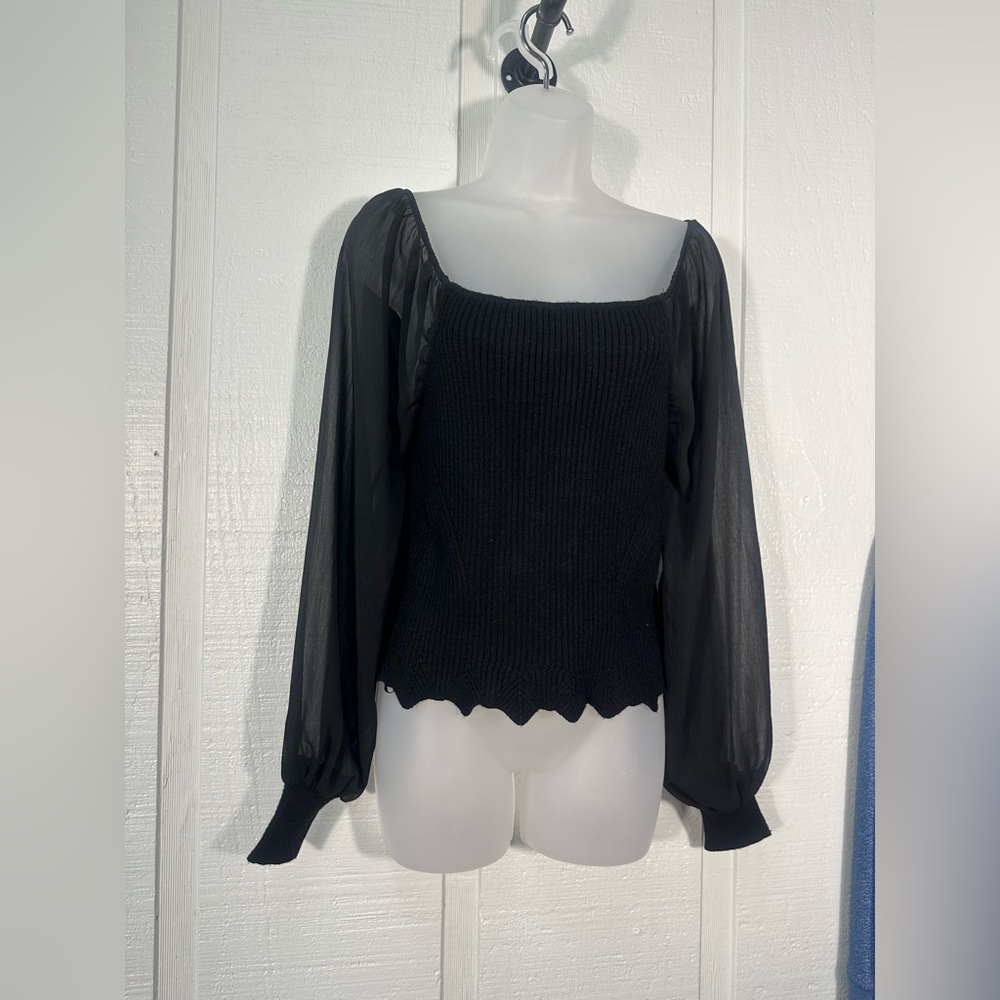 Sam Edelman Black Ribbed Shear Sleeve Sweater Size XL EUC